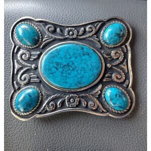 WESTERN FLORAL FAUX TURQUOISE HIPPIE DESIGN BELT BUCKLE! VINTAGE! RARE! 1980s!